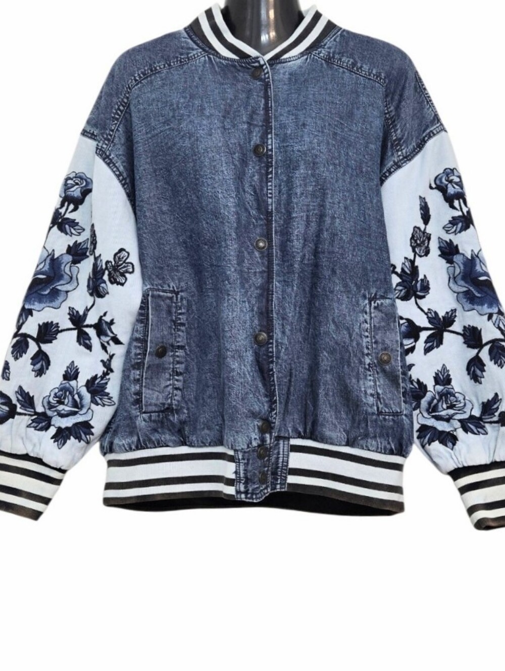 Free People We The Free Team Spirit Floral Denim Varsity Jacket (Size S)